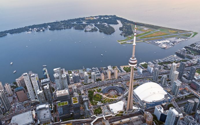 Aerial view of the Toronto waterfront with the CN tower